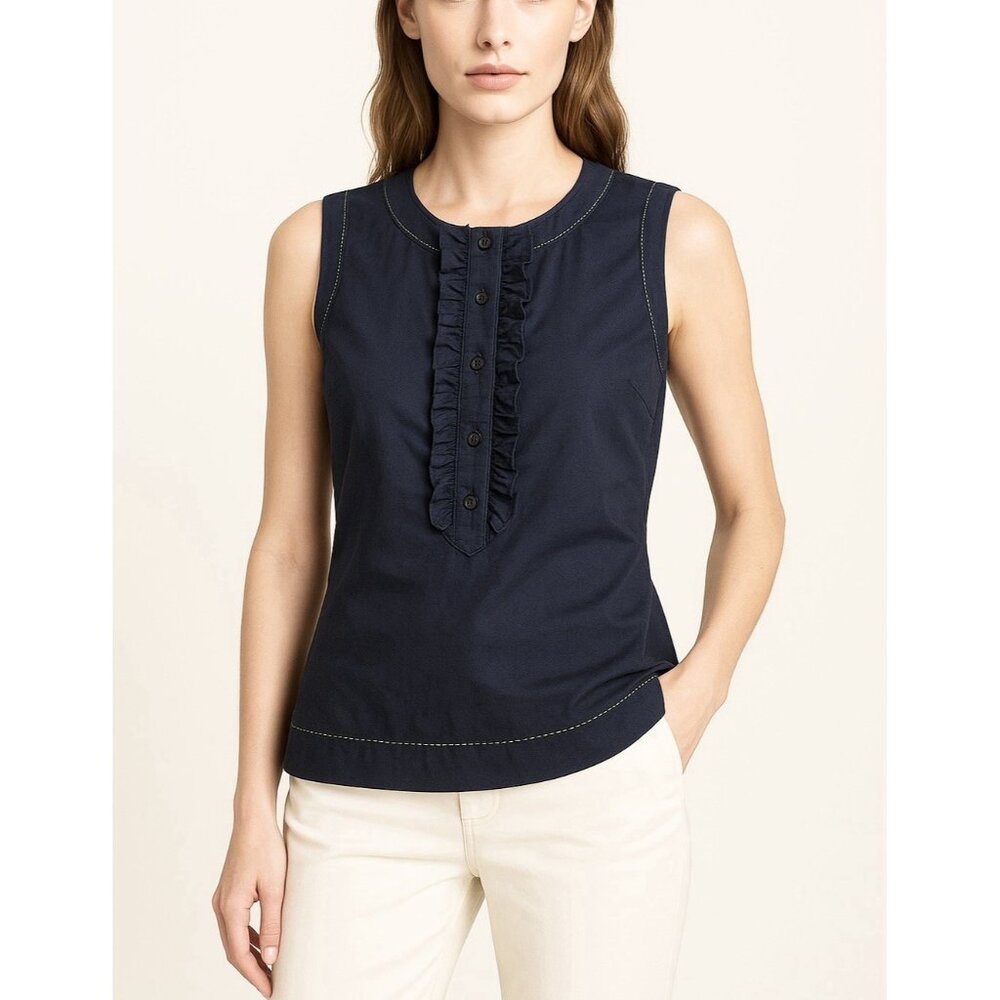 Tory Burch Navy Sleeveless Ruffle-Front Blouse